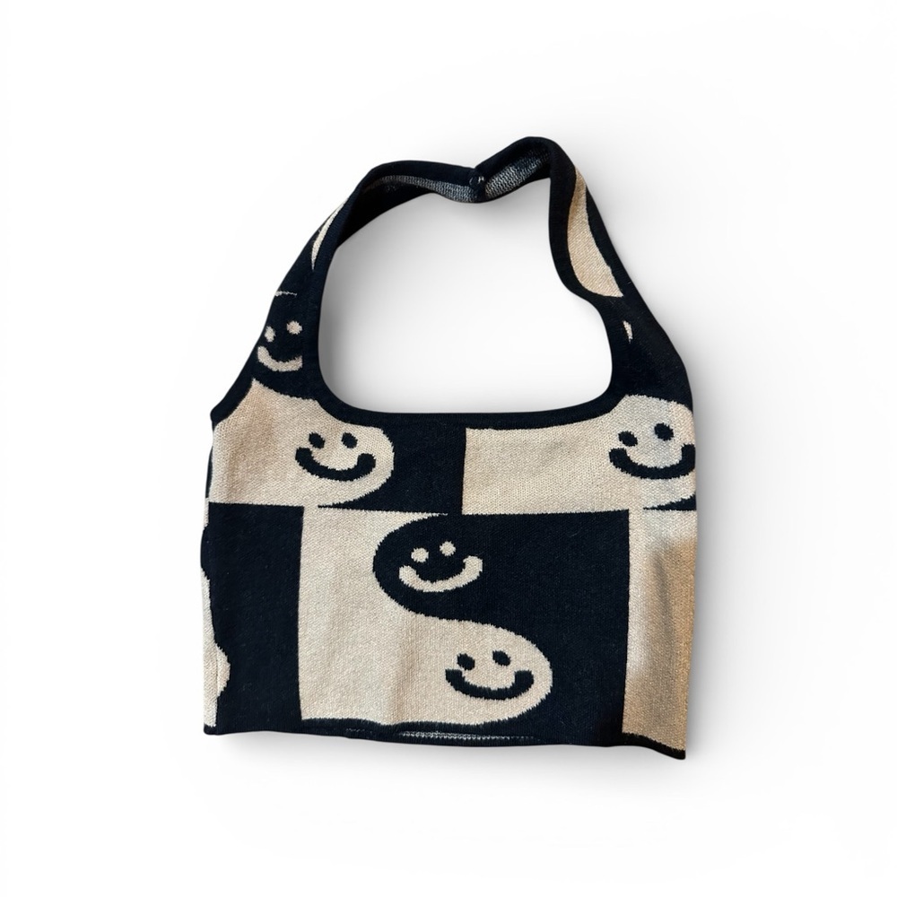 Bailey Rose Y2K Chic Smiley Patterned Crop Top in Black and Tan